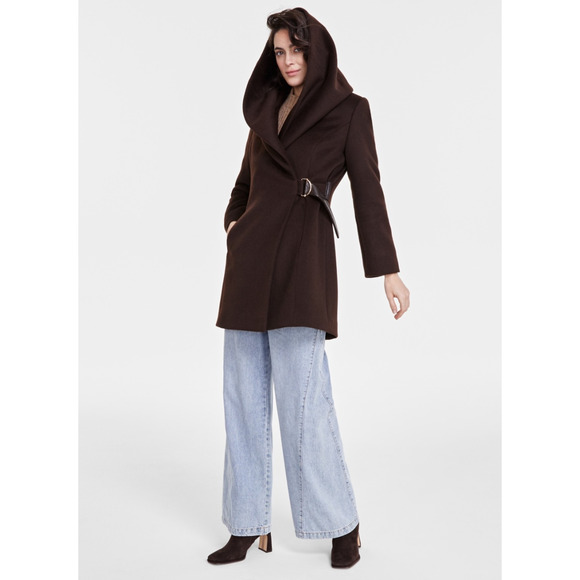 Via Spiga Women Belted Hooded Shawl Wrap Coat Chocolate Size M (Pre-owned)